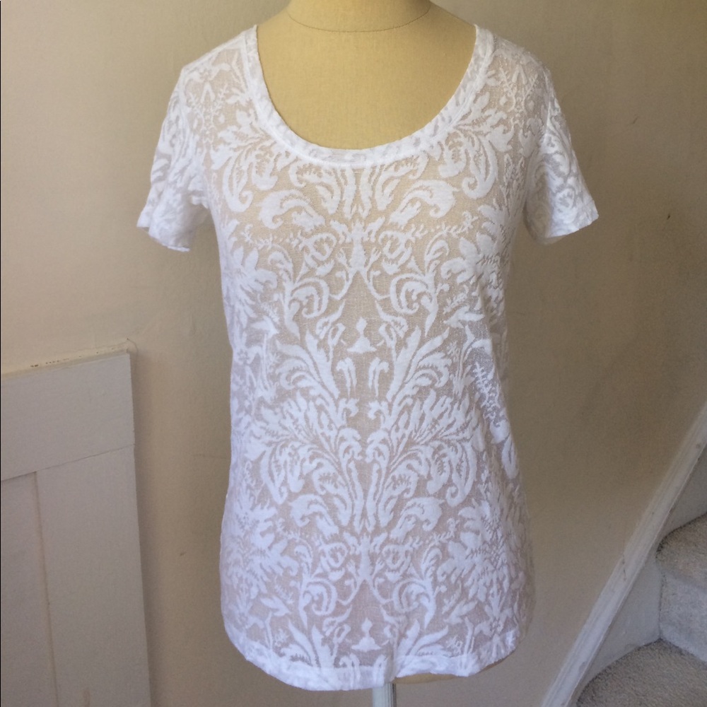 Club Monaco White Sheer Damask Short Sleeve Tee